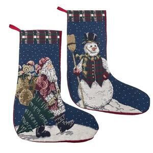 Tapestry Christmas Stockings Lot of 2 Santa and Snowman